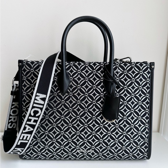 Michael Kors Mirella Medium Metallic Logo Jacquard Tote Bag black silver NWT - Picture 1 of 6
